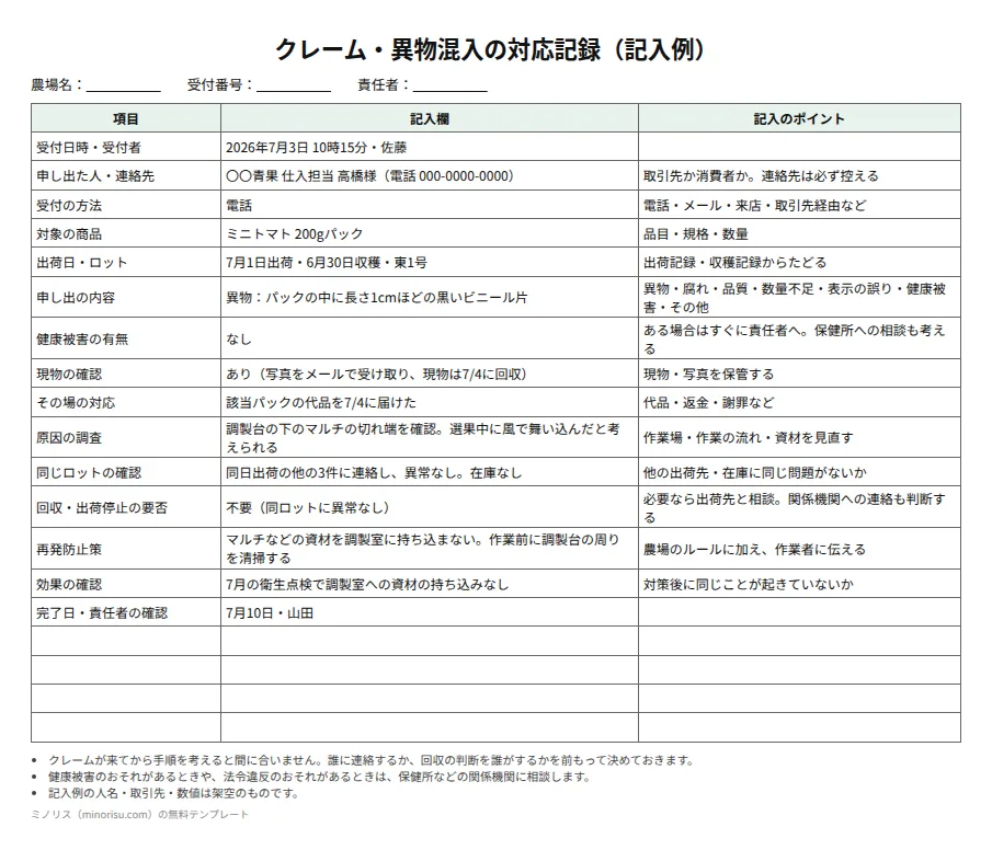 クレーム・異物混入の対応記録の記入例