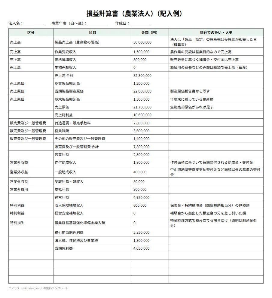 農業法人の決算書（損益計算書・貸借対照表）の記入例