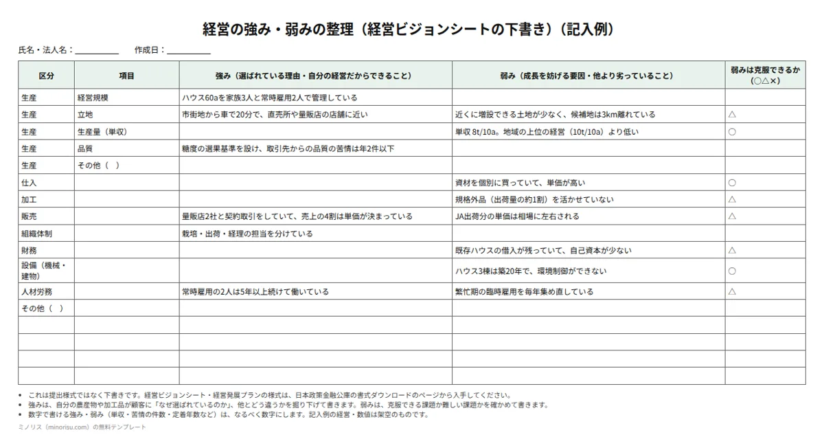 経営ビジョンシート・経営発展プランの下書きの記入例