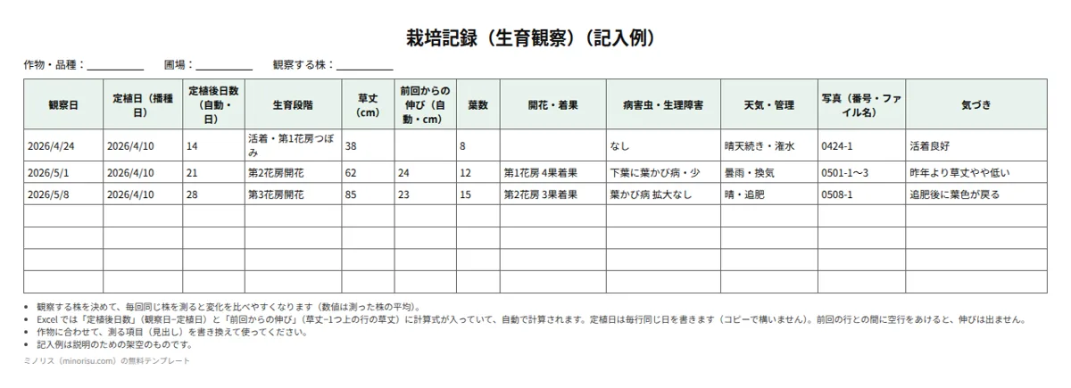 栽培記録・栽培日誌の記入例
