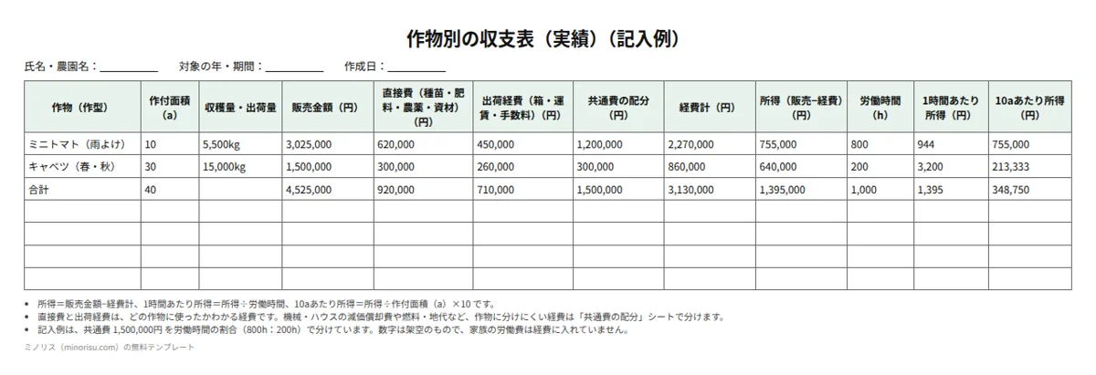 作物別の収支表（実績）の記入例