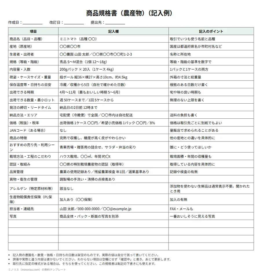 商品規格書（農産物）の記入例