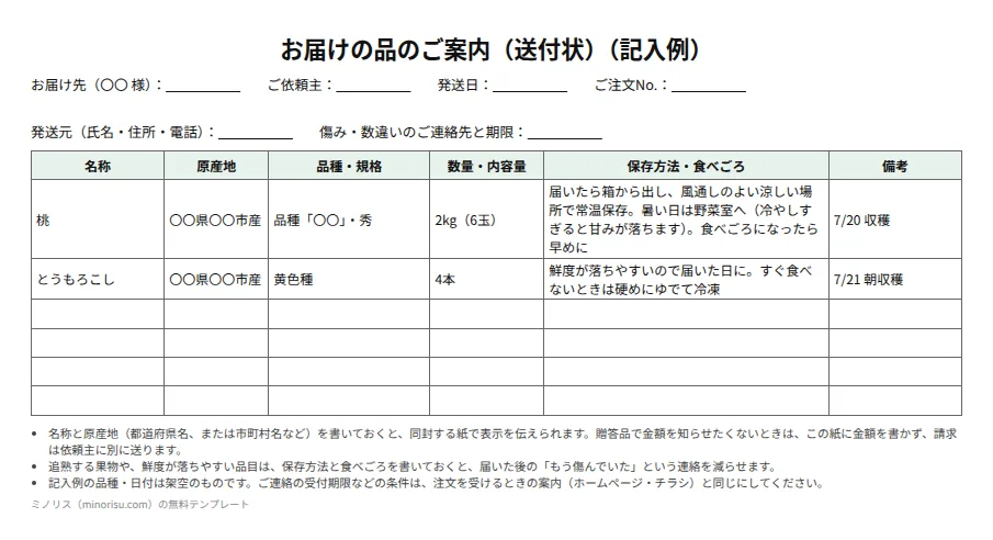 送付状（産直発送の添え状）の記入例